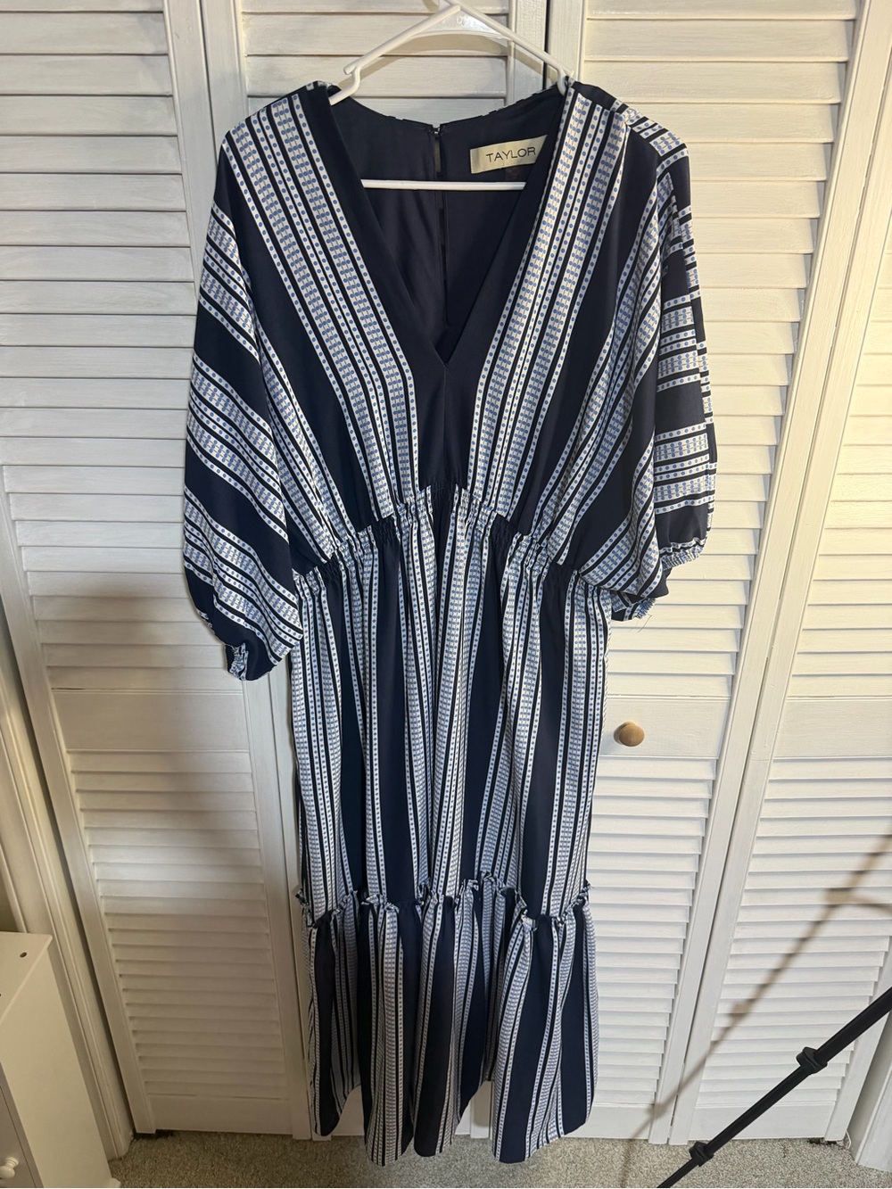 Taylor Navy and White Striped V-Neck Midi Dress